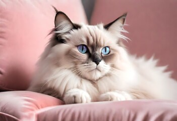 A minimalist and contemporary shot of a fluffy and adorable Ragdoll cat lounging on a plush velvet cushion, surrounded by a monochromatic pastel pink environment.