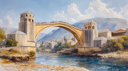 Watercolor painting of Mostar Old Bridge