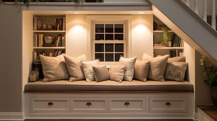 A cozy reading nook with built-in shelving that hides pull-out storage bins - obrazy, fototapety, plakaty