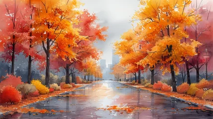Foto op Canvas Watercolor painting of the streets of a city in autumn © senadesign