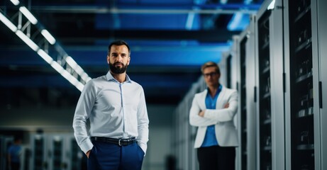  IT professionals configure and monitor servers in a high-tech server room environment.