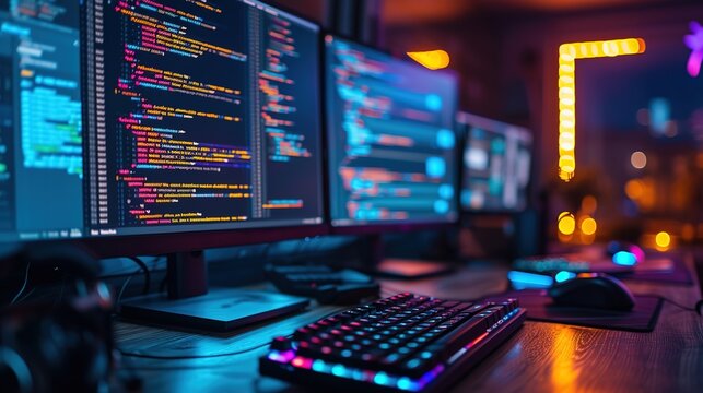 A vibrant coding setup featuring multiple monitors displaying colorful programming code in a dark room.