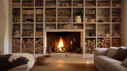 A cozy fireplace with built-in shelving that hides compartments for firewood