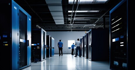  IT professionals configure and monitor servers in a high-tech server room environment.