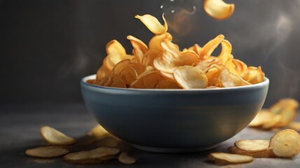 Bowl overflowing with freshly fried potato chips on a light backdrop