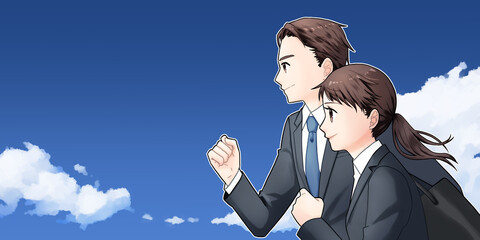 走るスーツ姿の若い男女　横向き上半身　青空背景
