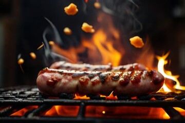 Captivating shot of sausages being flipped on the grill by chef, with flames dancing around the juicy meat - obrazy, fototapety, plakaty