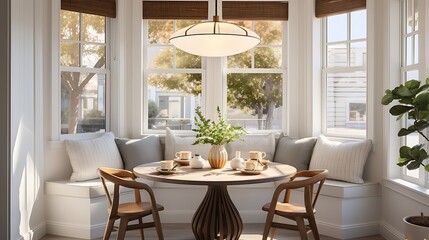 A cozy breakfast nook with a built-in bench, pendant lighting, and a round table