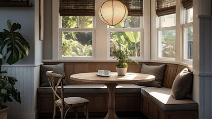 A cozy breakfast nook with a built-in bench, pendant lighting, and a round table - obrazy, fototapety, plakaty