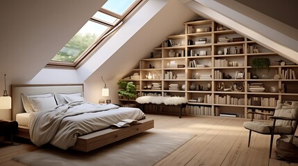 A cozy attic bedroom with built-in storage under sloped ceilings