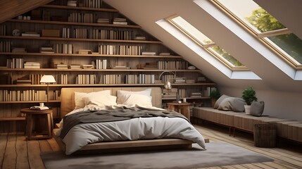A cozy attic bedroom with built-in storage under sloped ceilings - obrazy, fototapety, plakaty
