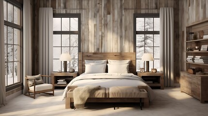 A contemporary twist on a farmhouse-style bedroom with rustic accents