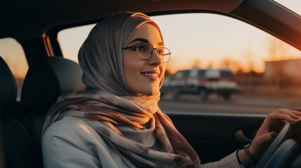 Close-up of a happy young Muslim woman driving her car at sunset. An Arab girl rides in a car.