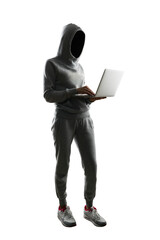 Hooded figure with laptop on isolated white, cybersecurity concept