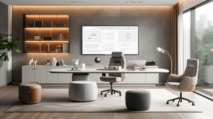 Spacious home office with stylish modern furniture, large window, and an organized work desk with a computer.
