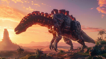 An imaginative 3D animated landscape featuring a unique merge of a dinosaur and a futuristic robot,...