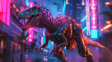 Conceptualize a one-of-a-kind design where a realistic dinosaur is combined with the elements of a futuristic robot, all set against a surreal 3D animated backdrop2