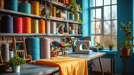 A well-organized sewing room with large spools of colorful thread on shelves and a sewing machine on a table. - obrazy, fototapety, plakaty