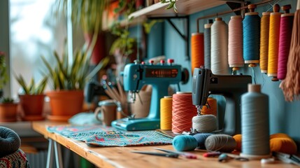 Brightly lit craft room with an array of colorful sewing threads and a modern sewing machine on a wooden table.