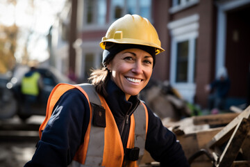 Mujer trabajando en un sitio de construcción, casco de construcción y chaleco de trabajo, sonriendo, de mediana edad o mayor. - obrazy, fototapety, plakaty