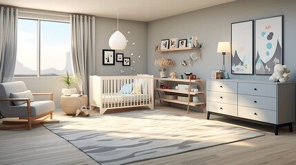 A contemporary nursery with a convertible crib and playful storage solutions - obrazy, fototapety, plakaty