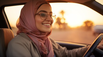 Close-up of a happy young Muslim woman wearing glasses and hijab at the wheel of her car at sunset. An Arab girl rides in a car.