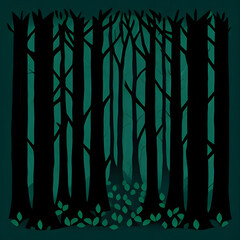 stylized cut paper art of an eerie, creepy, dark, mysterious forest of dead trees with leaves and grass