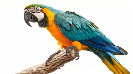Bright colorful macaw parrot sitting on a branch on an isolated background