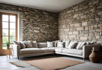 Corner sofa against stone cladding walls, Farmhouse style empty room