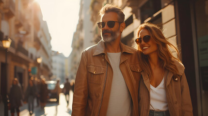 A man and woman wearing sunglasses and coats are walking and shopping down an European street. - obrazy, fototapety, plakaty