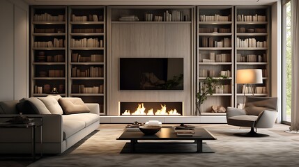 A contemporary living room with built-in bookshelves that conceal a secret storage compartment