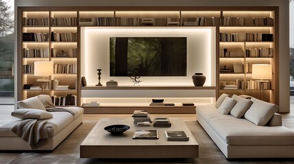 A contemporary living room with built-in bookshelves that conceal a secret storage compartment - obrazy, fototapety, plakaty
