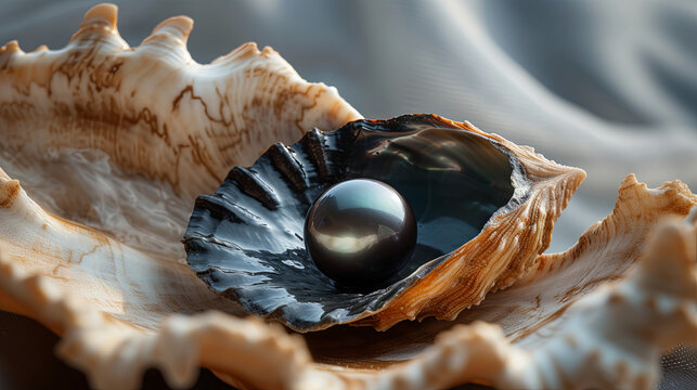 Black pearl in a shell on the ocean shore on a gray background