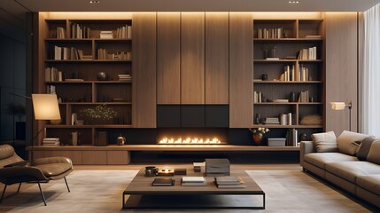 A contemporary living room with built-in bookshelves that conceal a secret storage compartment