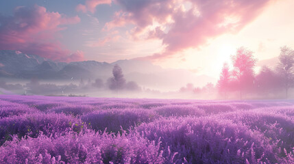 Fototapeta premium Very beautiful lavender field in the fog