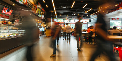 blurred people walking in fast food restaurant, time-lapse shot - obrazy, fototapety, plakaty