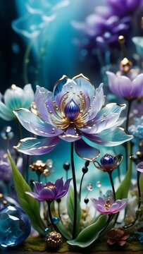 The image features a close-up of a flower with blue and purple petals, a gold center, and green stems. The background is a gradient of blue and purple with light spots.