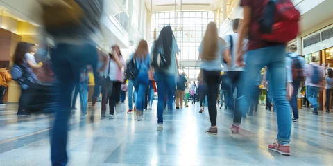 Fotobehang blurred college students walking in hallway, time-lapse shot © sam