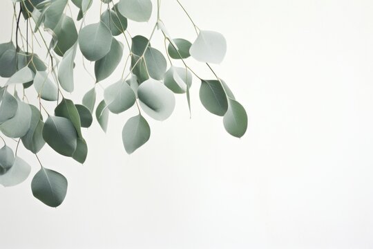 Green eucalyptus leaves on white background. Place for text, copy space. Generative AI.