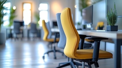 A series of striking yellow office chairs stand out in a well-lit modern office space, enhancing the energetic and creative atmosphere.