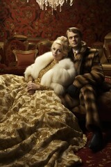 A man and woman in gold and fur sitting on a couch. Generative AI.