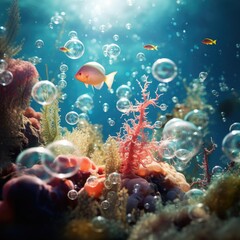 Fototapeta na wymiar Underwater scene with bubbles and coral. Generative AI.