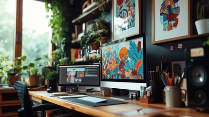 A warm and inviting artist's corner, complete with a computer setup for digital illustrations, surrounded by vibrant houseplants and framed artworks.