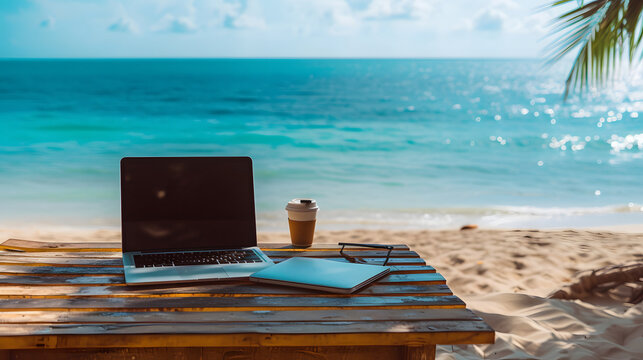 Laptop for working at the beach. Summer vacation. Workcation. Work from anywhere