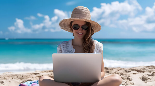 Woman working at beach wearing strawhat in summer vacation. Workcation, work from anywhere