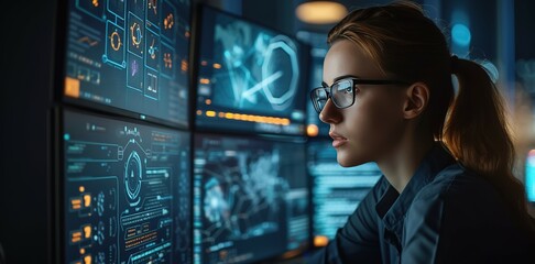 A female cybersecurity expert closely examines real-time threat data on a high-resolution display panel in a modern network security operations center.