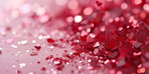 red confetti on pink valentine day background. red sparkle, glitter dust. Abstract design card, greeting, holiday celebrate. Shine trail tail magic comet
