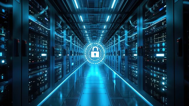 The corridor of a secure data center illuminated by blue lights, showcasing rows of server racks with a glowing digital padlock symbolizing encryption technology.
