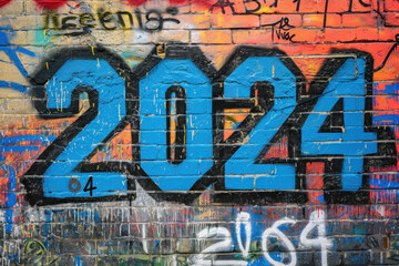 Vibrant graffiti of year 2024 on textured urban wall. Street art and creativity.