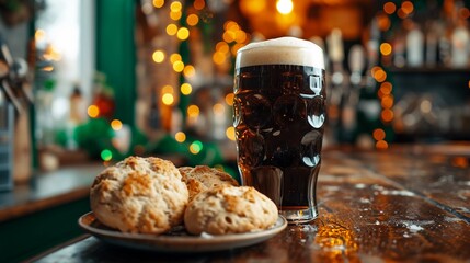 Pint of Irish stout beer with a perfect foam head and a plate of traditional Irish soda bread. Irish pub with St. Patrick's Day decor. Wide format banner. AI Generated - obrazy, fototapety, plakaty